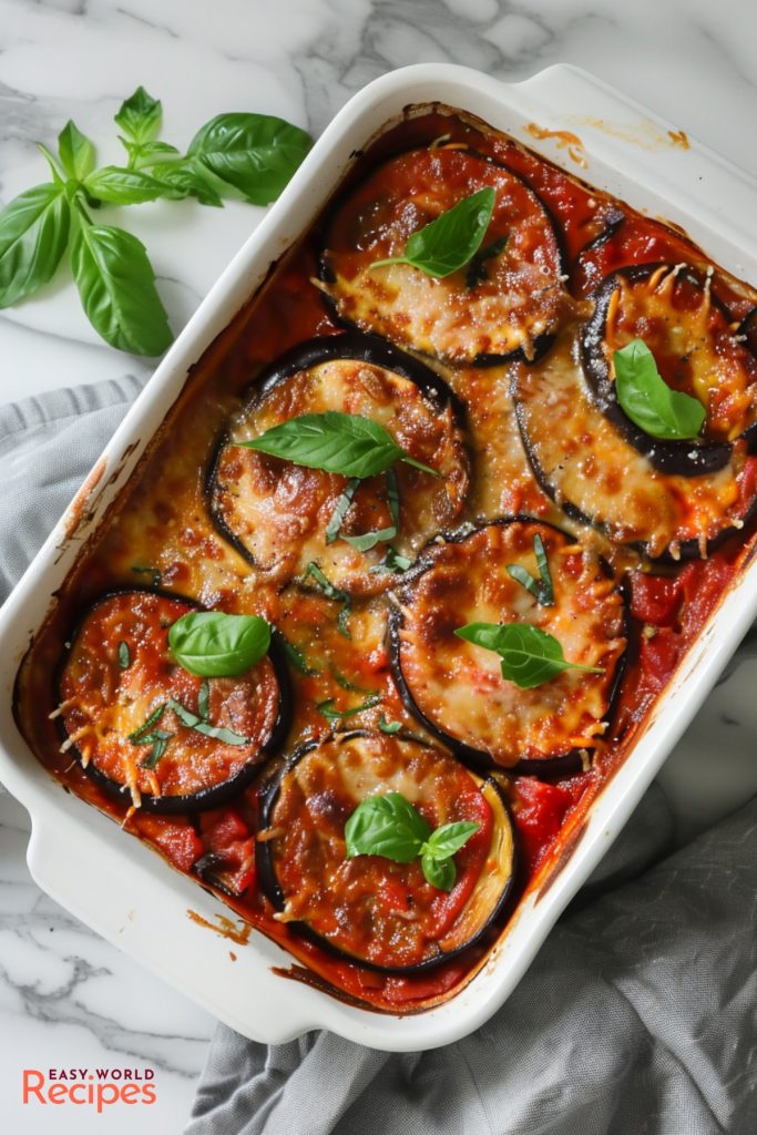 Eggplant Parmigiana, served in a white baking dish.