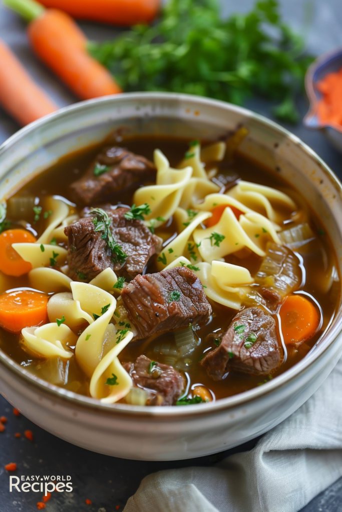 German beef noodle soup, served in a bowl.