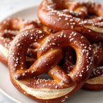 Dark mahogany pretzels sit on a white plate with large grains of salt across their crusts. One is torn open so the pale, soft center can be seen against the chewy brown outside.