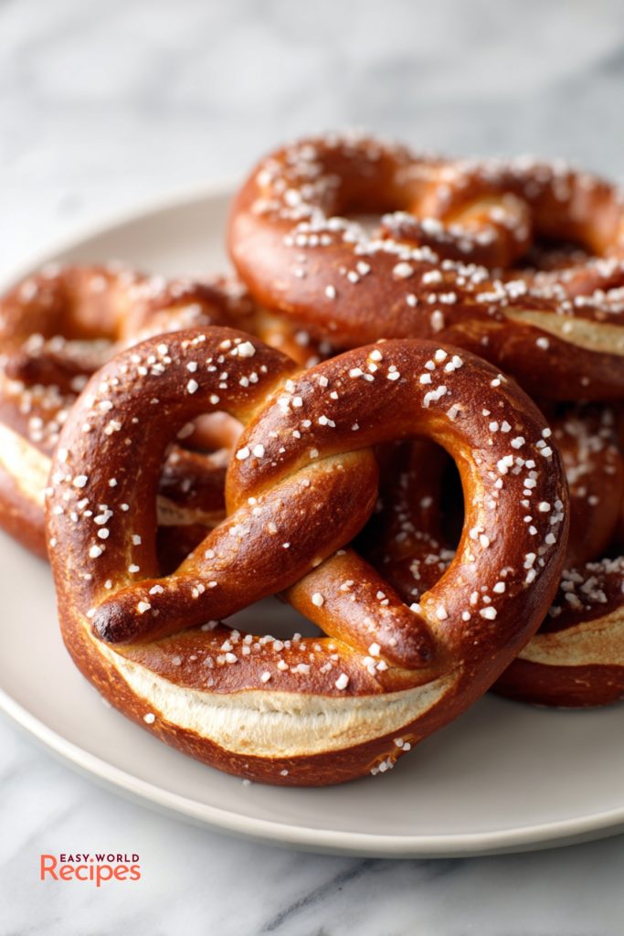 Dark mahogany pretzels sit on a white plate with large grains of salt across their crusts. One is torn open so the pale, soft center can be seen against the chewy brown outside.