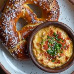 German Cheese and Beer Spread Obatzda, served with a salty pretzel.