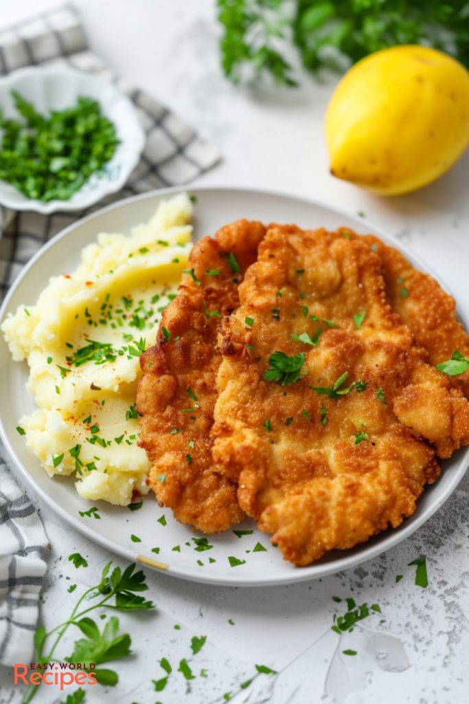 Wiener Schnitzel, served with mashed potatoes.