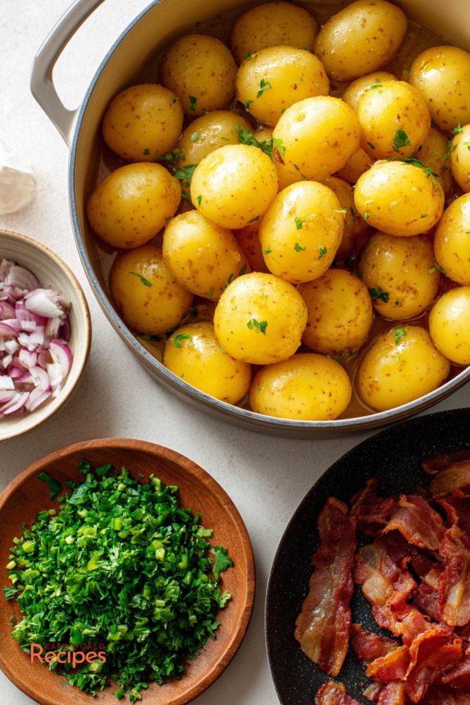 Ingredients for Traditional German Potato Salad with Potatoes, Bacon, and Fresh Herbs