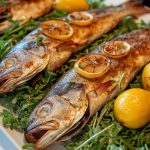 Lemon-Stuffed Grilled Branzino, served with arugula.