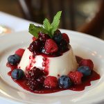 Italian Panna Cotta served with fresh fruit, and drizzled with strawberry compote.
