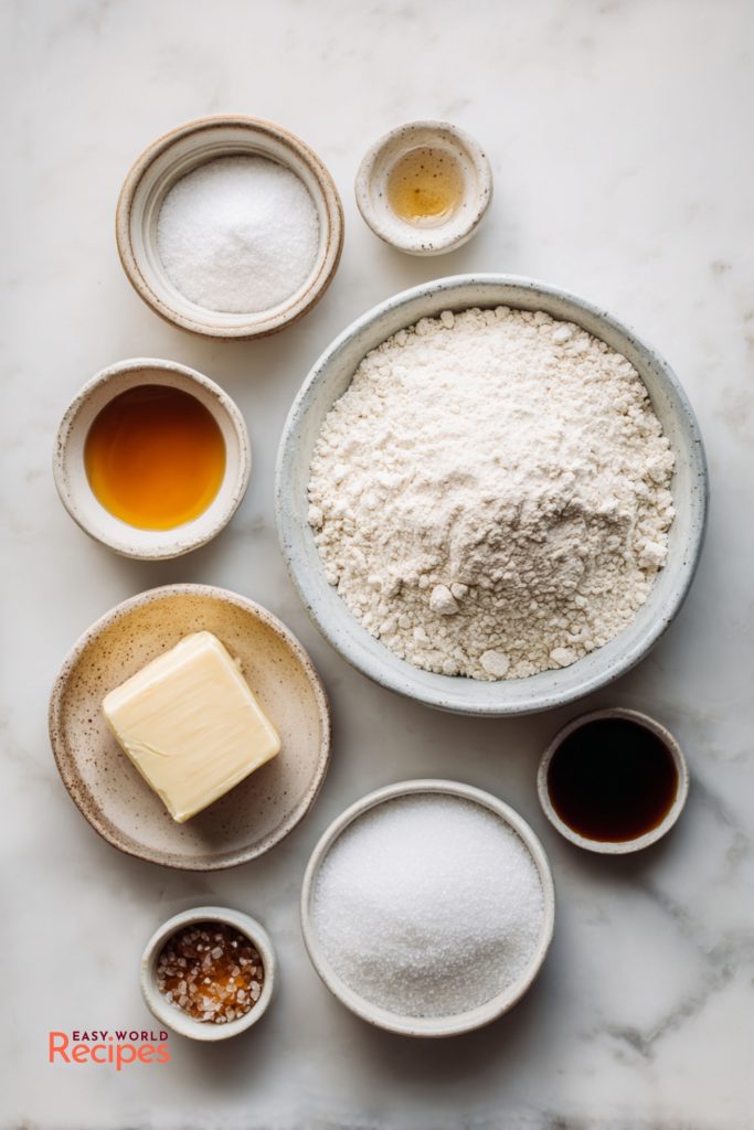 Ingredients for a Bavarian pretzel including bread flour, yeast, butter, malt, baking soda, and pretzel salt.