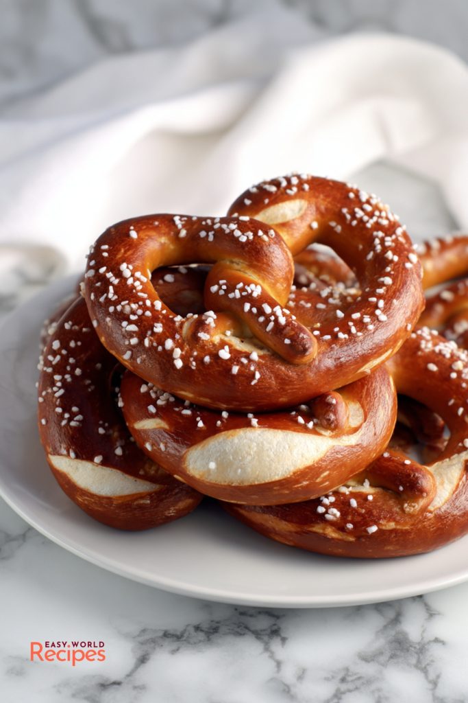 Bavarian pretzel stack with dark brown crusts, belly slashes, and crunchy pretzel salt.