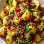 Traditional German Potato Salad with Bacon and Vinegar Dressing