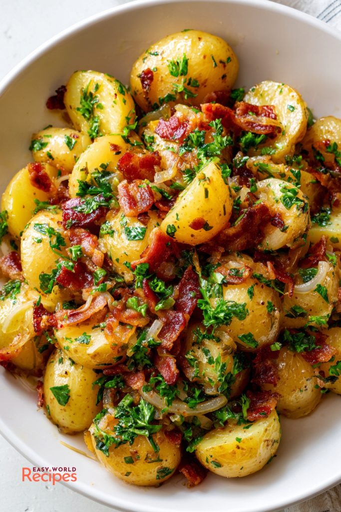 Traditional German Potato Salad with Bacon and Vinegar Dressing