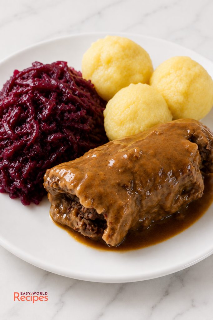German rouladen covered in dark gravy with red cabbage and potato dumplings on a white plate.