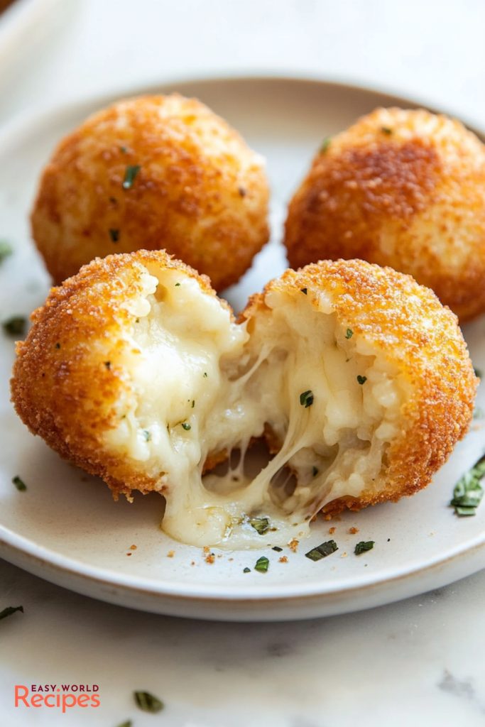 Cheesy Italian Arancini Balls, served on a plate.