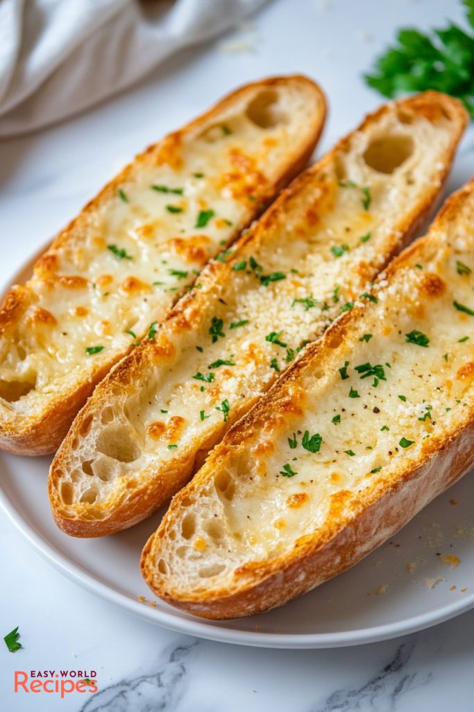 Homemade Garlic Bread served on a white plate. 