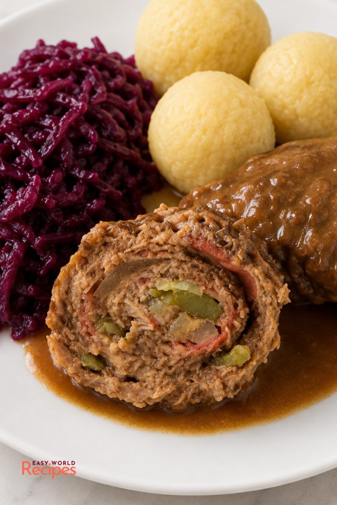 German rouladen sliced to show mustard, bacon, onion, and pickle inside the rolled beef.
