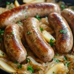 German Bratwurst with Sauerkraut, served in a pan.