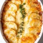 Potatoes au Gratin, in a baking dish.