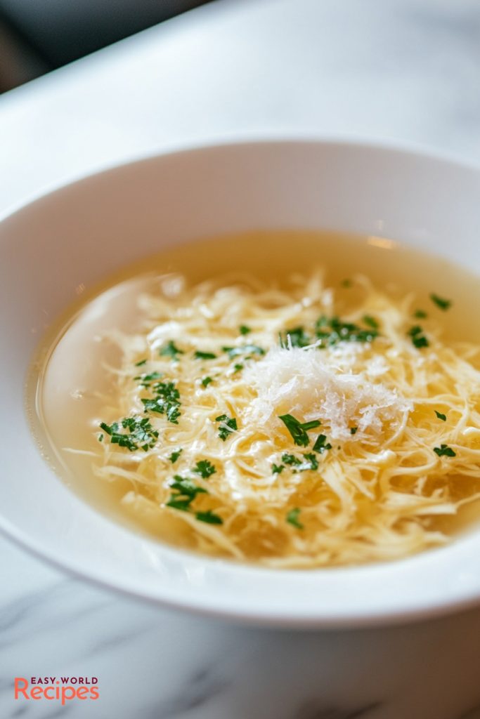 Stracciatella Soup, served in a bowl.