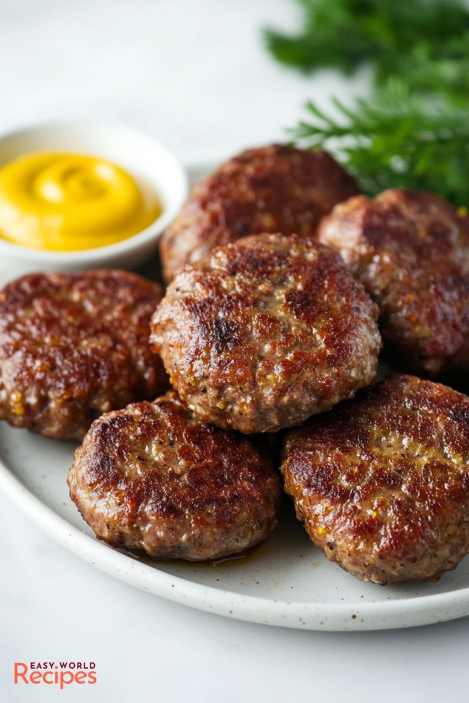 Authentic German Frikadellen, served on a plate with a side of mustard.