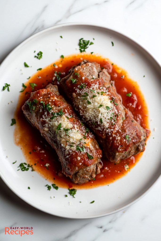 Traditional Italian Braciole al Sugo, served on a plate.