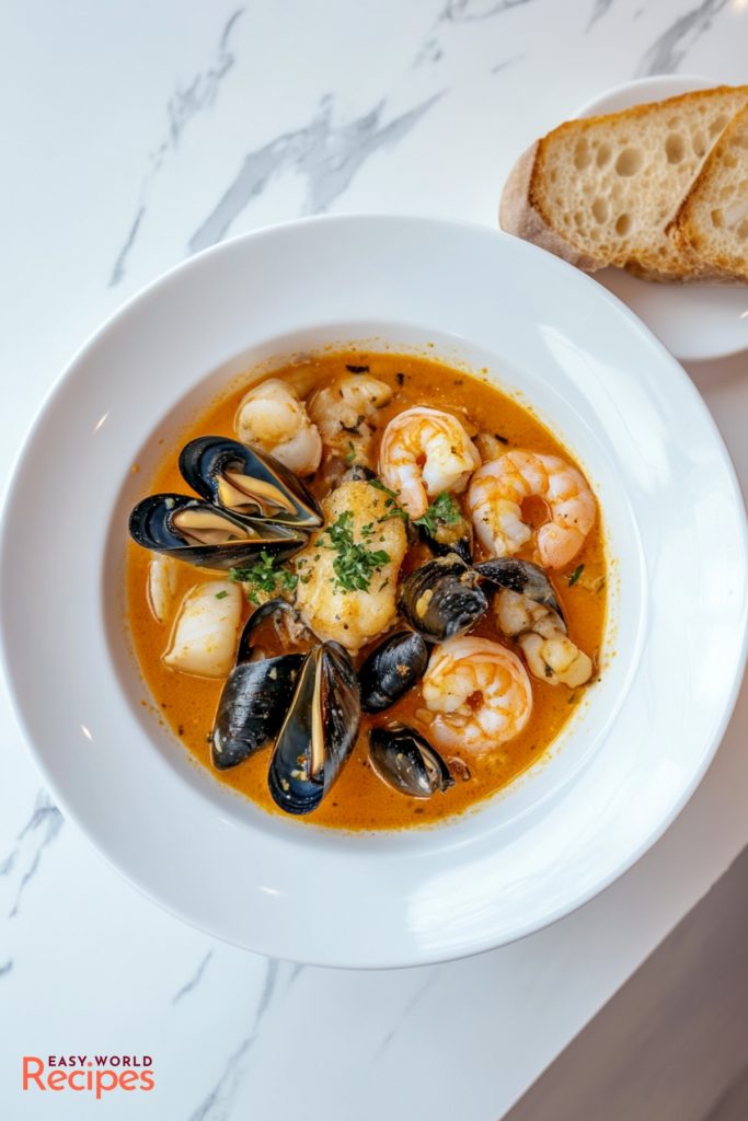 French Bouillabaisse Provençal Seafood Soup, served in a bowl.