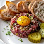 French Steak Tartare, served with an egg yolk, fresh bread and pickles.
