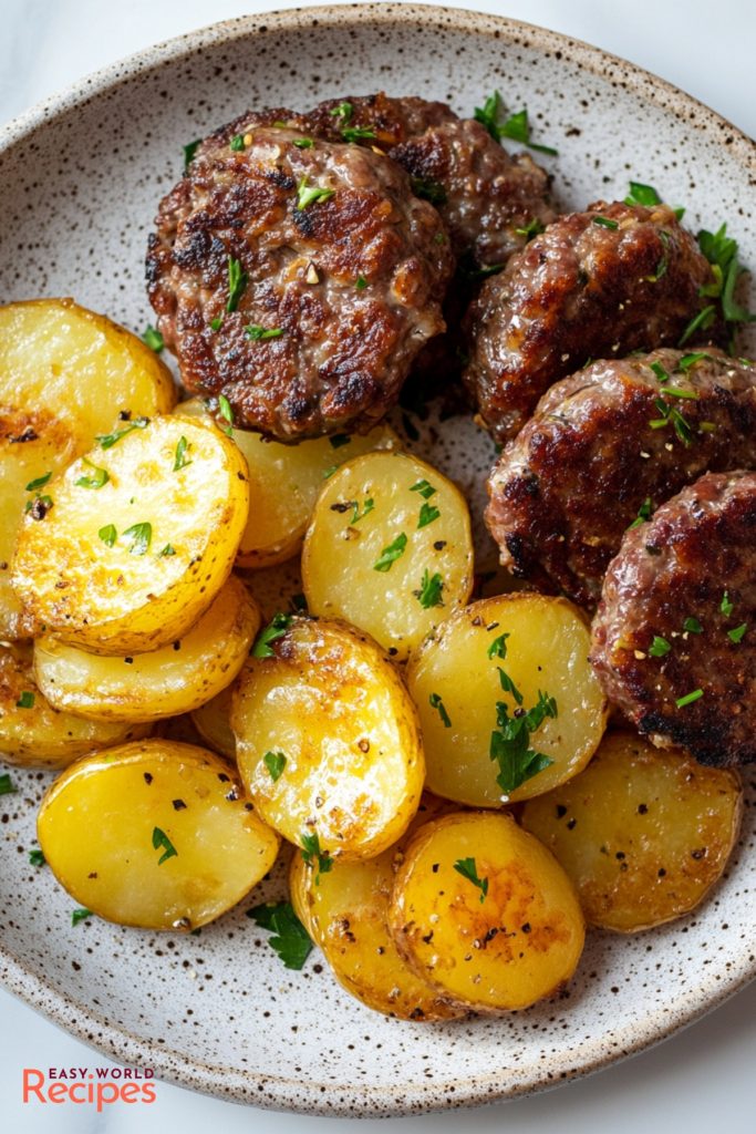 German Frikadellen (German Hamburgers), served on a plate with potatoes.