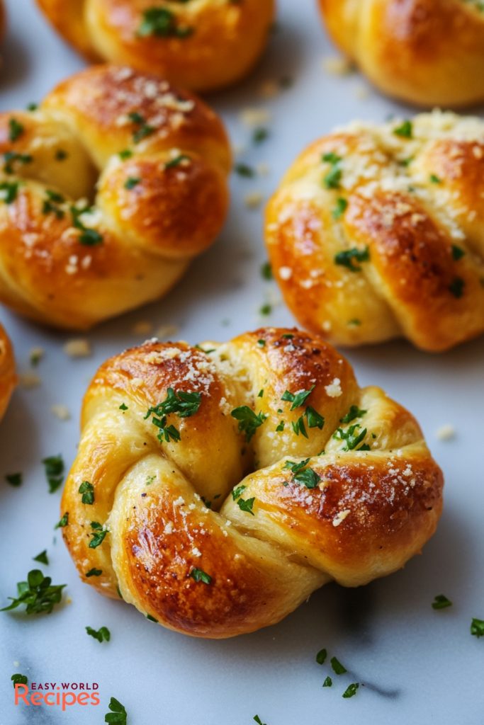 Italian-American Garlic Knots, on a marble countertop.