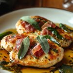 Italian Veal Saltimbocca, served on a white plate.