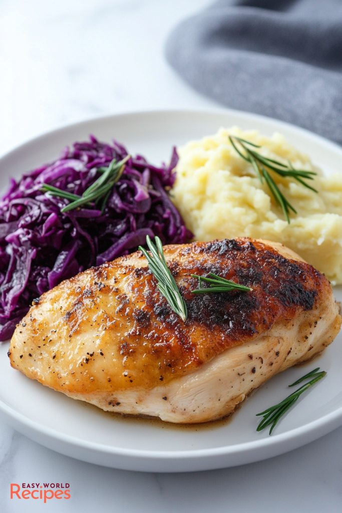 Oktoberfest Chicken with Red Cabbage, served with mashed potatoes