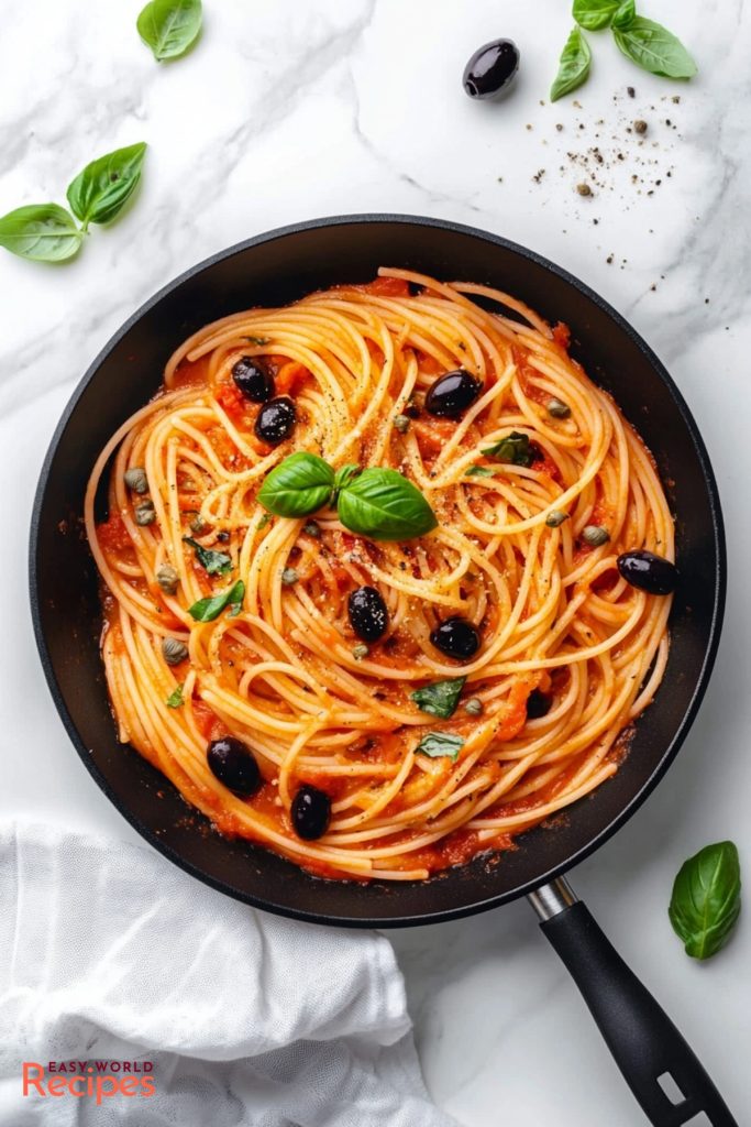 Pasta Puttanesca in a pan