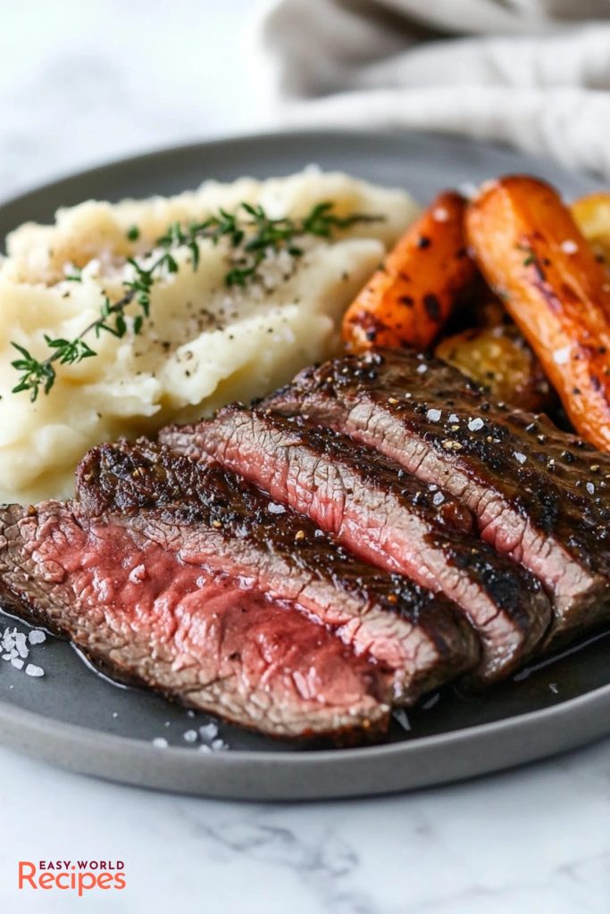 Authentic Bistecca alla Fiorentina, served alongside creamy mashed potatoes, and roasted carrots.