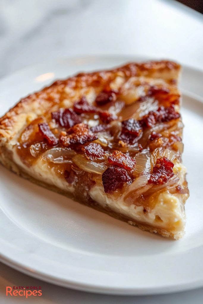 A slice of German Zwiebelkuchen (Onion and Bacon Pie), on a white plate.
