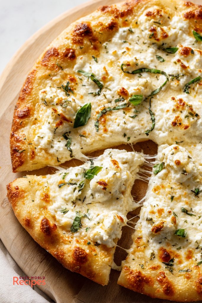 White Pizza (Pizza Bianca) with ricotta, mozzarella, basil, and a crispy golden crust