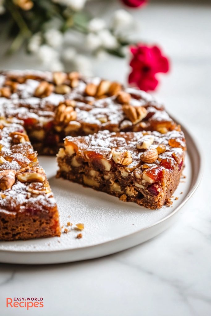 Italian Panforte, served on a white plate.