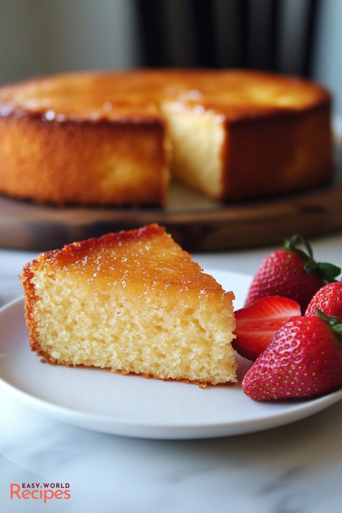 Italian Polenta Cake Torta di Polenta, served on a white plate with fresh strawberries.