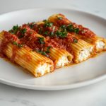 Manicotti, served on a white plate.