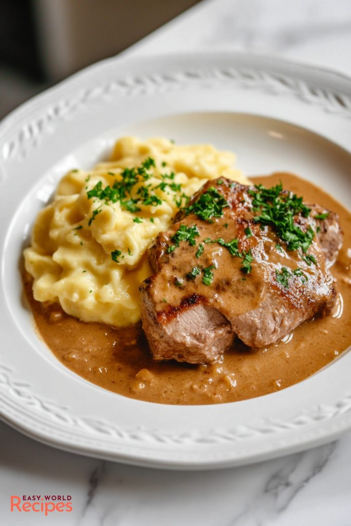 Rahmschnitzel (German Cream Schnitzel), served with mashed potatoes.