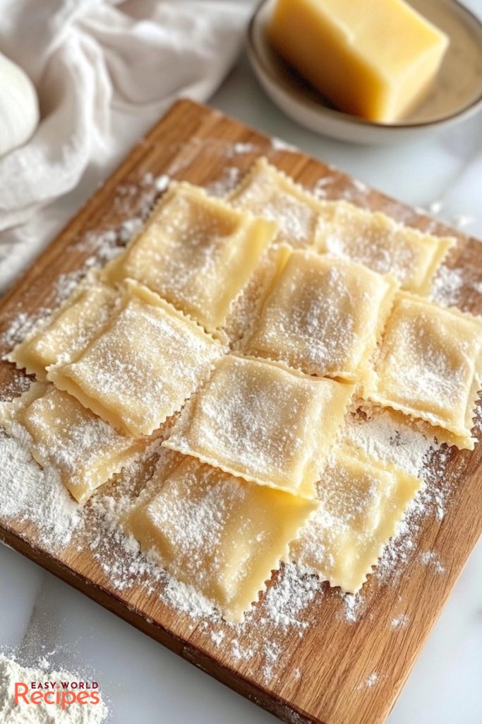 Raw Ricotta Ravioli, on a wooden board.