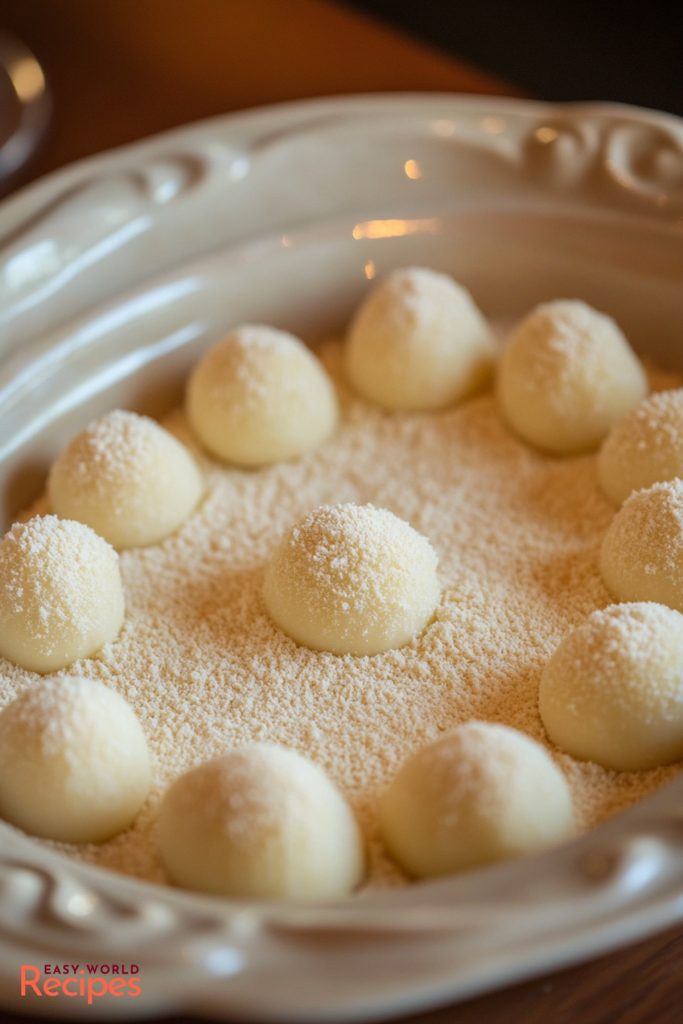 Raw Ricotta Gnudi In a bowl with semolina.