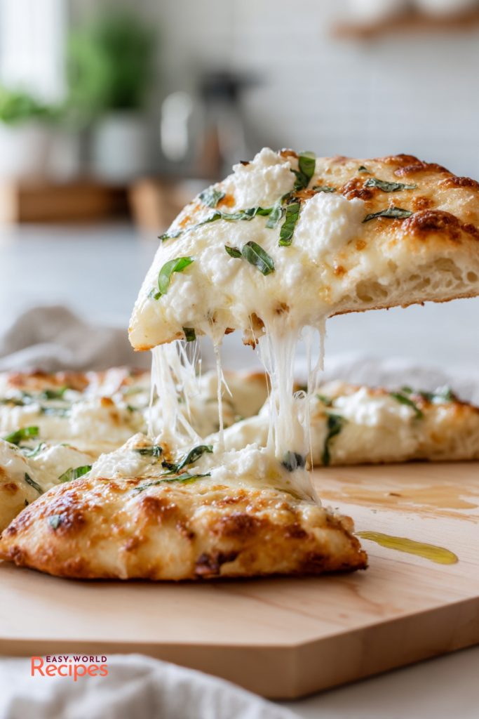 Slice of White Pizza (Pizza Bianca) with ricotta and mozzarella on a white plate