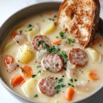 Traditional German Potato Soup (Kartoffelsuppe), served in a bowl with a slice of toasted bread.