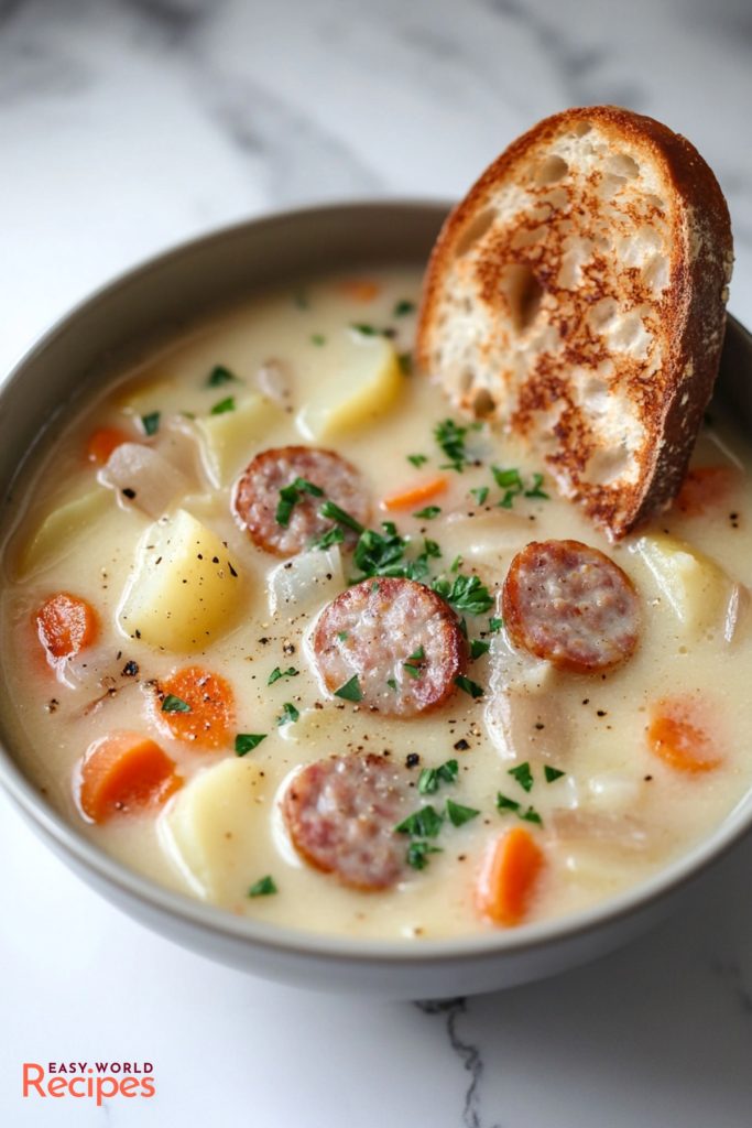 Traditional German Potato Soup (Kartoffelsuppe), served in a bowl with a slice of toasted bread.