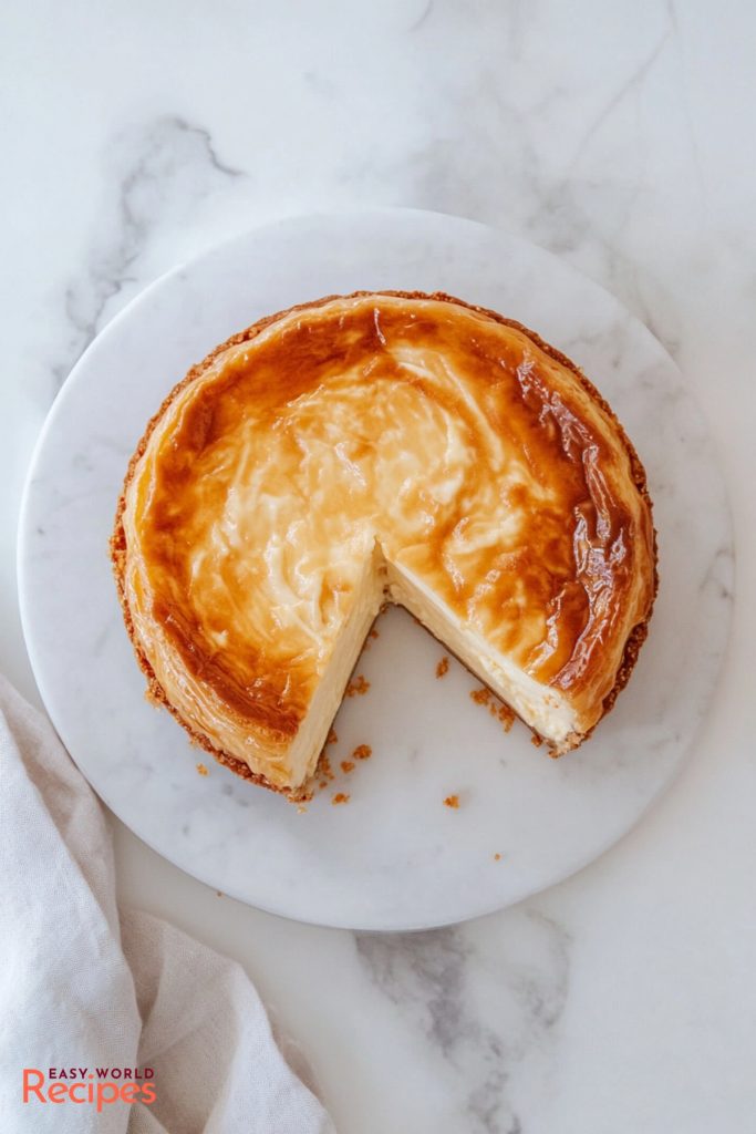 Traditional Käsekuchen (German Cheesecake), served on a platter.