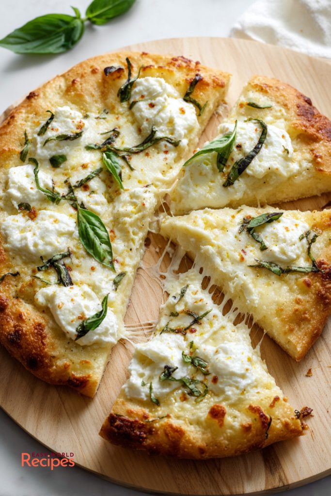 Cheese pull from homemade White Pizza with ricotta and mozzarella