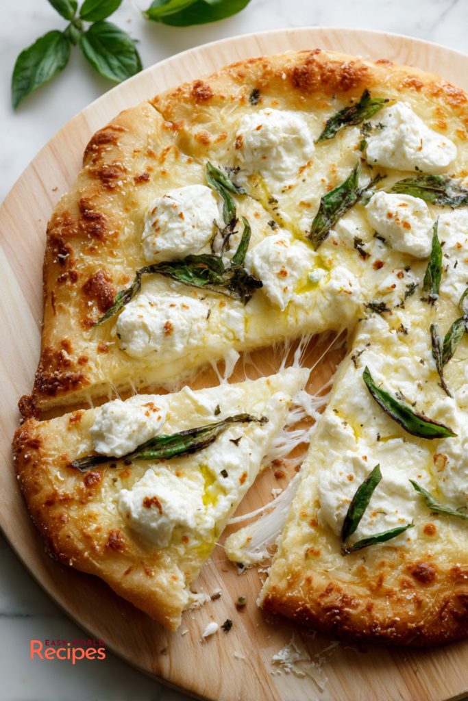 Homemade White Pizza recipe with ricotta, mozzarella, and basil