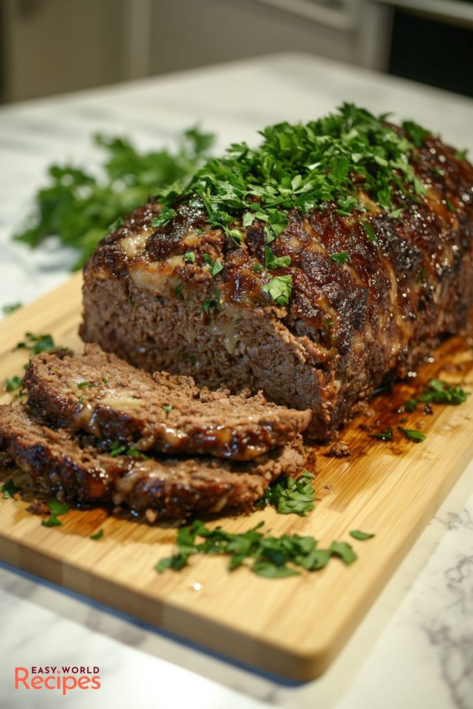 German Meatloaf, served on wooden cutting board.