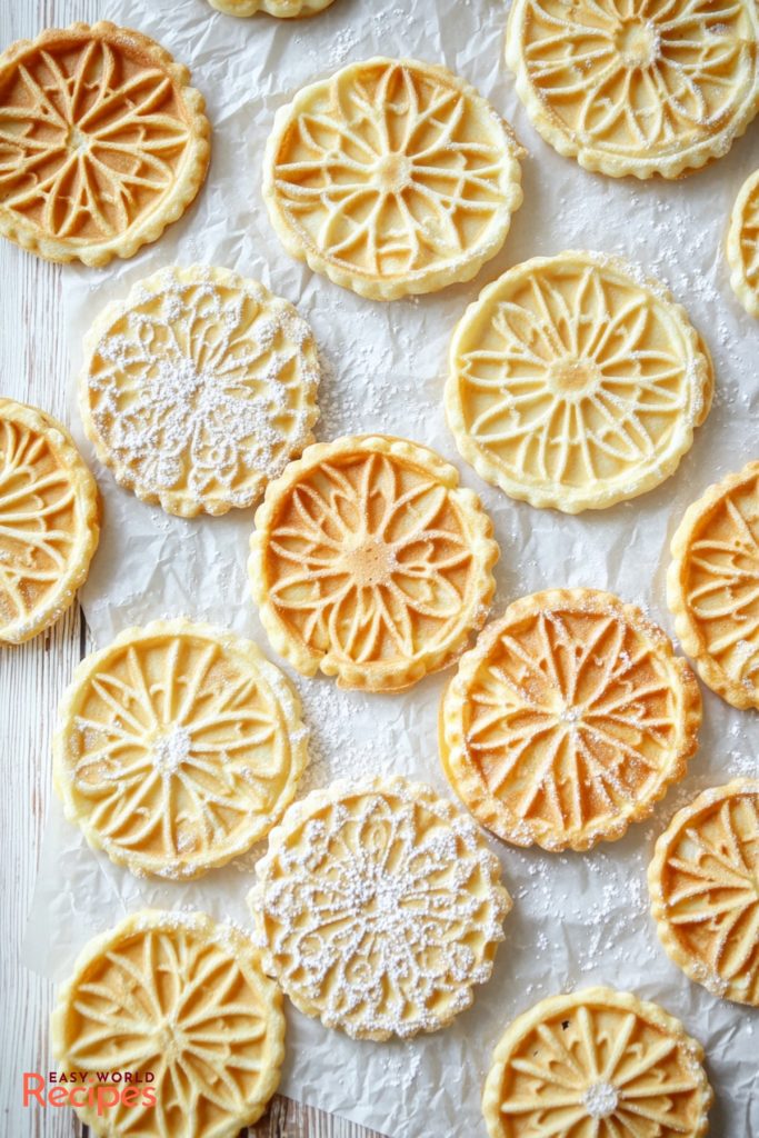 Italian Pizzelle Cookies, on a baking tray.