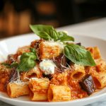 Pasta alla Norma, served on a plate.