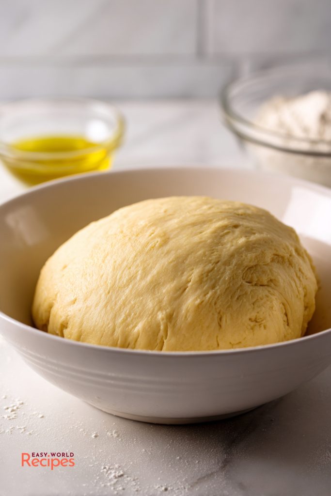 Apple strudel dough resting in a bowl before stretching