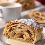 Slice of authentic German apple strudel with vanilla sauce