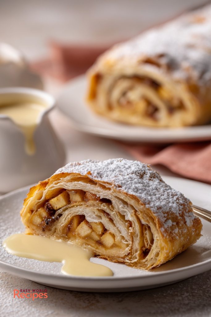 Homemade apple strudel served with vanilla sauce